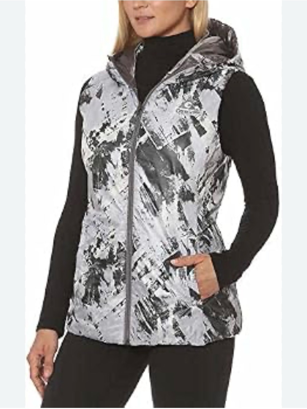 NEW Gerry Reversible Packable Down Vest Silver Abstract Geo to Solid Quilted Lg